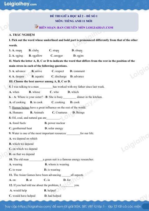 Tổng hợp 5 đề thi giữa học kì 2 Tiếng Anh 11 mới có đáp án